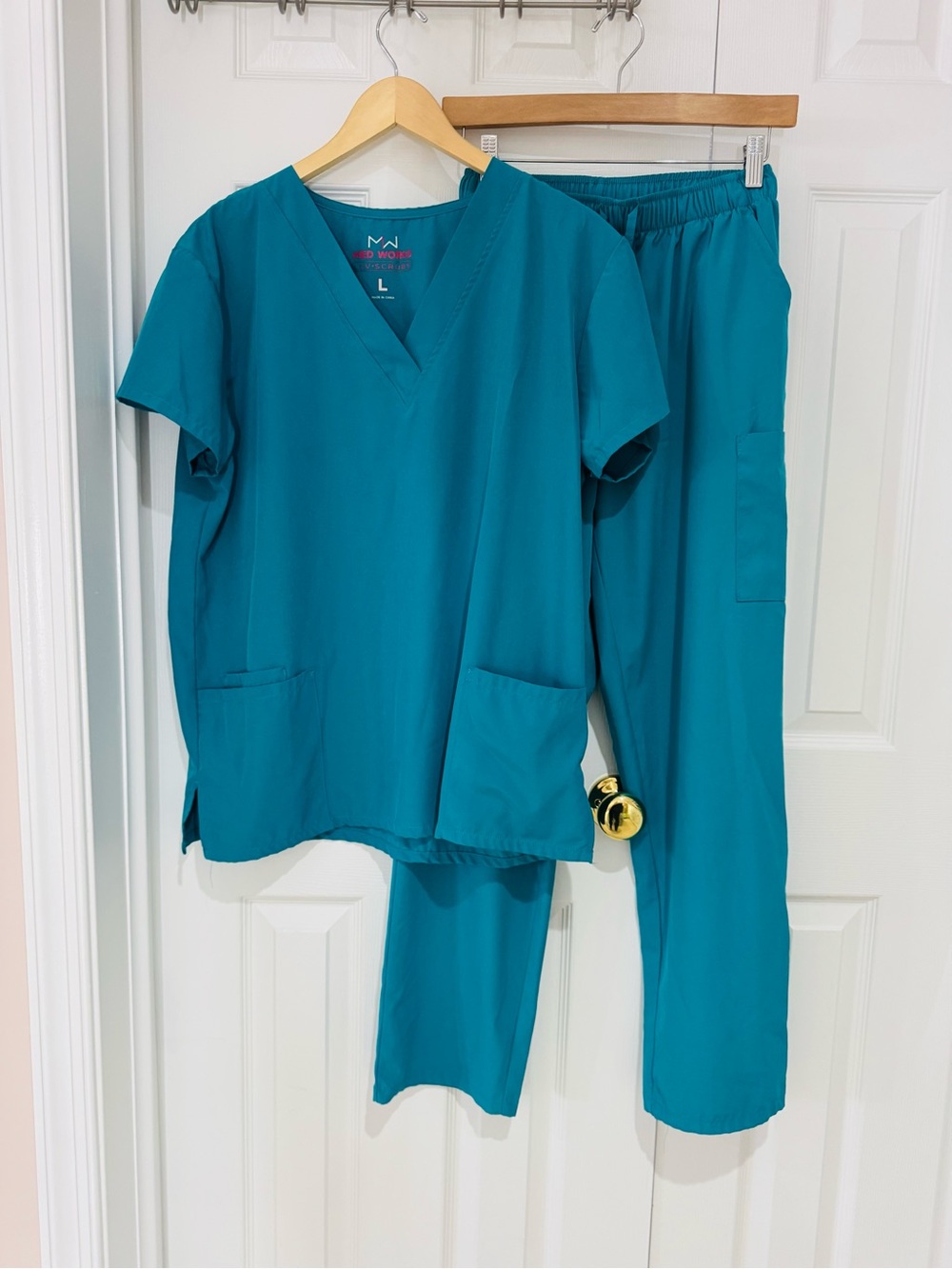 Teal Medical Scrub Set Med Works LRG Top Med Pants EUC